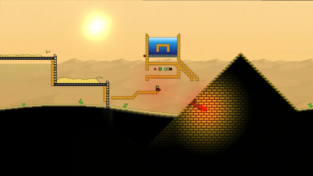 Official Steam combat-and-tool framing. Rockets are mining tools first.